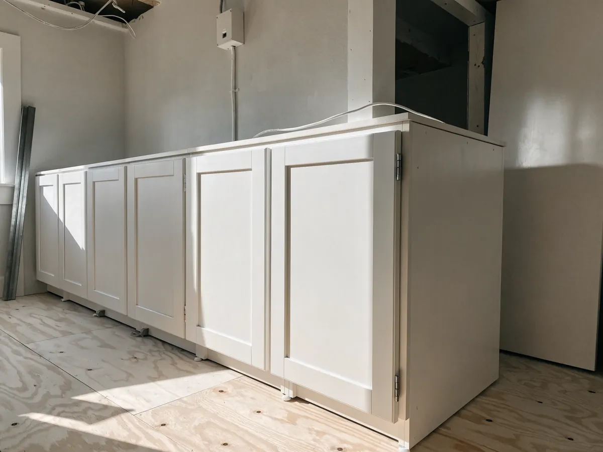 Kitchen base cabinets leveled and scribed against a wall