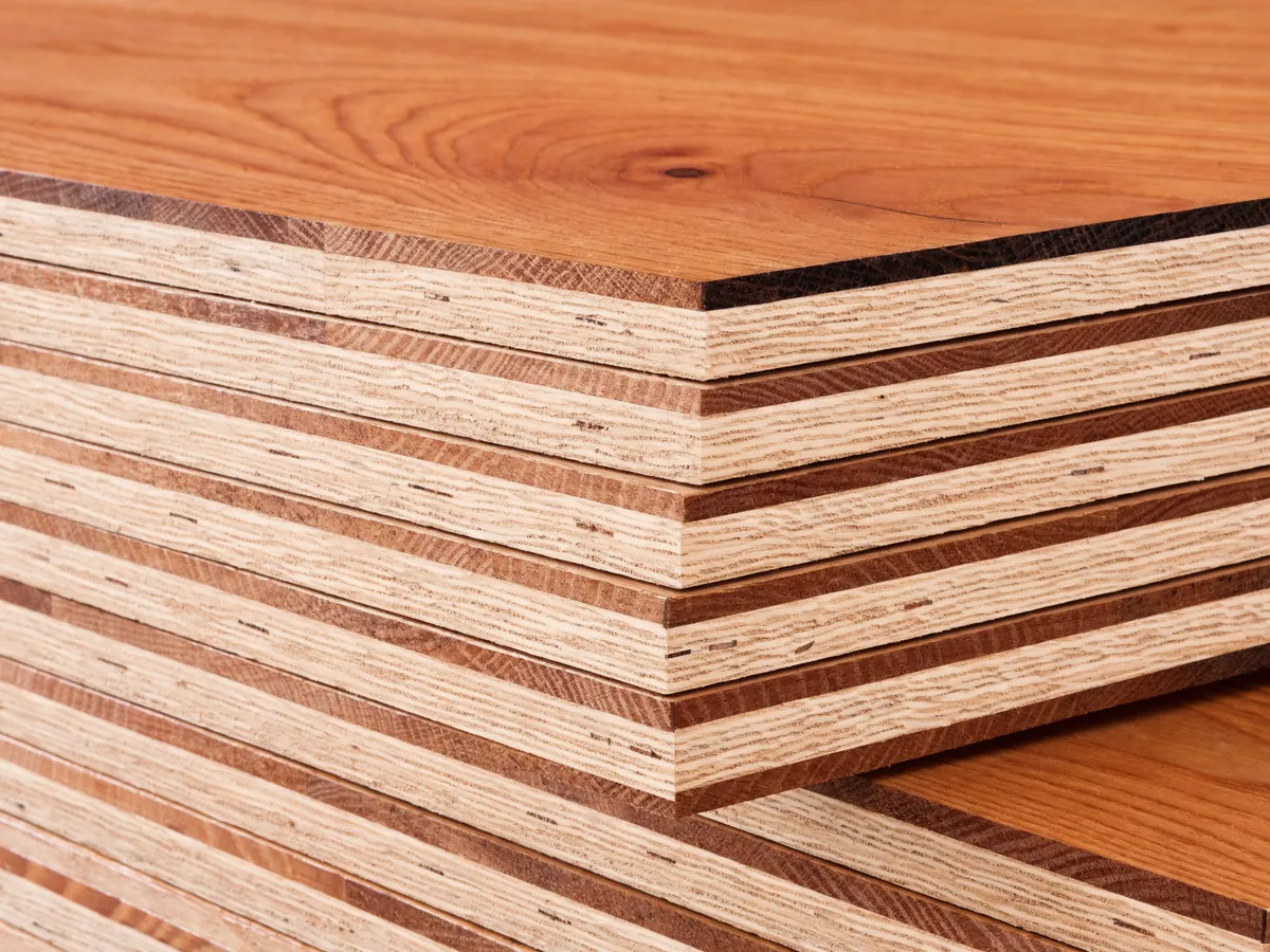 Engineered wood flooring showing the hardwood wear layer over a plywood core