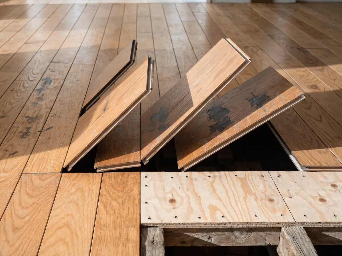 Lifted floorboards exposing the plywood subfloor underneath