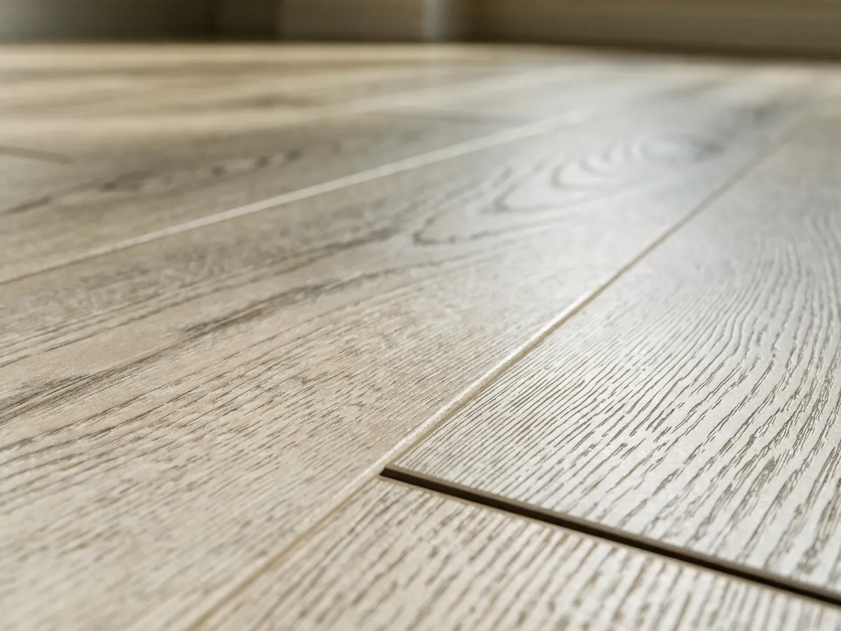 Close-up of laminate flooring with an embossed wood grain wear layer